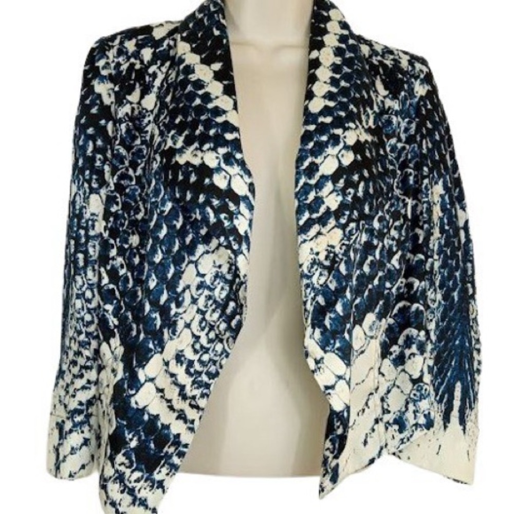 INC International Concepts Womens Crop Blazer Jacket Blue Silky Snake Print M